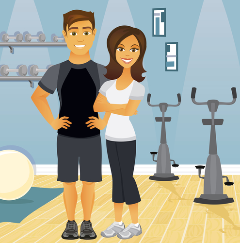 A fit couple in an indoor gym setting, representing workout partners.